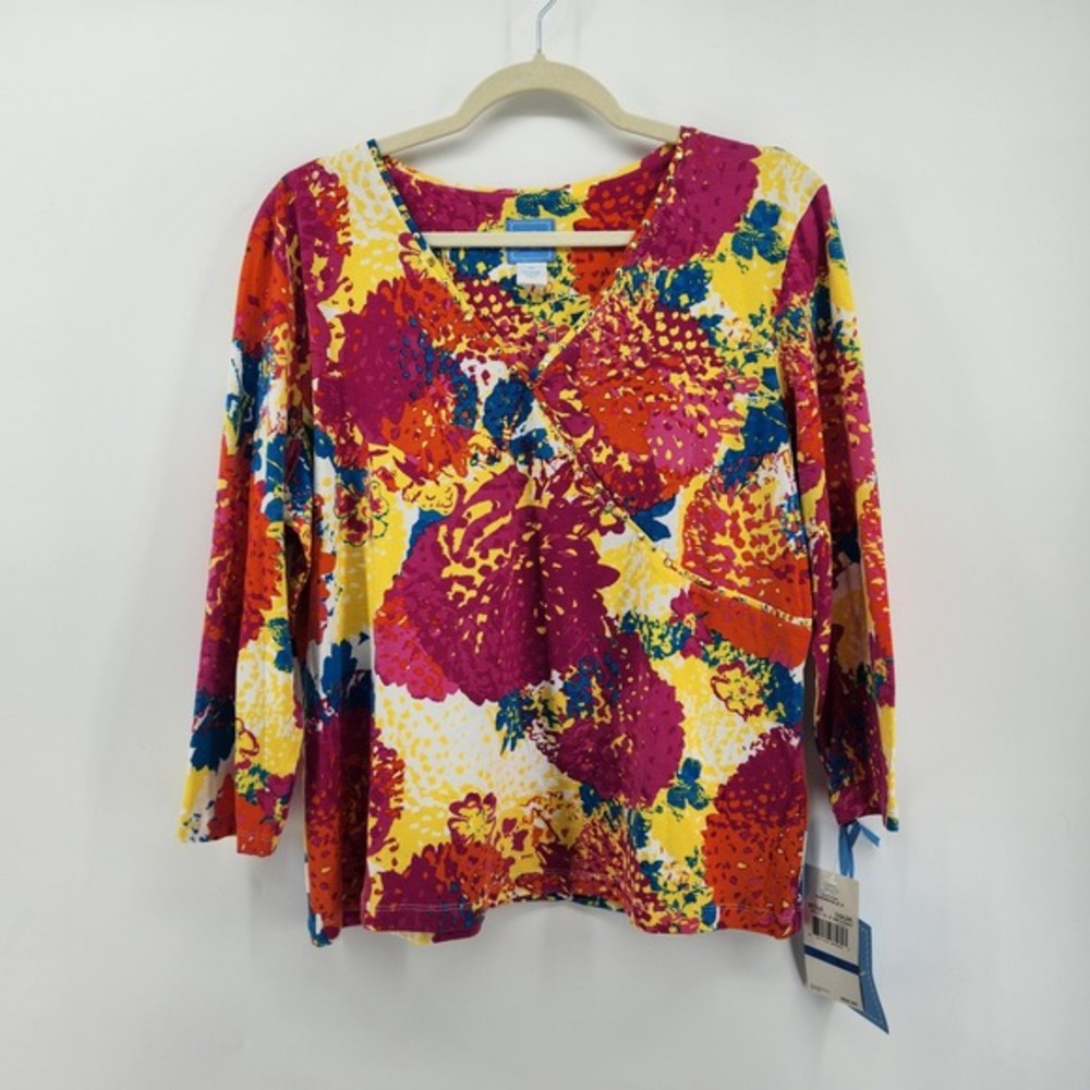 Lark Lane Women's XL Floral Print‎ V-Neck 3/4 Sleeve Top Yellow Pink Blue